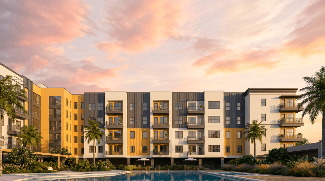 BluDream — fachada com piscina ao golden hour